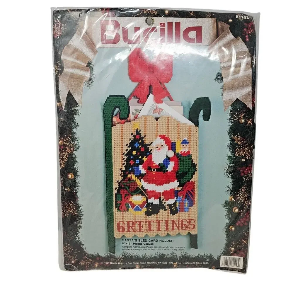 Vintage Bucilla Santa's Sled Christmas Card Holder Needlepoint Yarn Craft